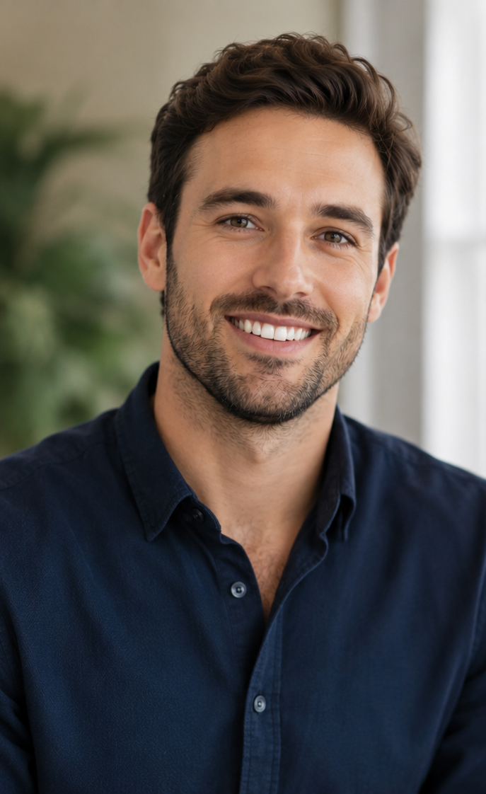Split image: left side, man with short brown hair and beard in a dark blue shirt; right, woman with long brown hair in a white sweater. Both smiling—looks like a good patch job on those walls. - Drywall Repair Jacksonville FL