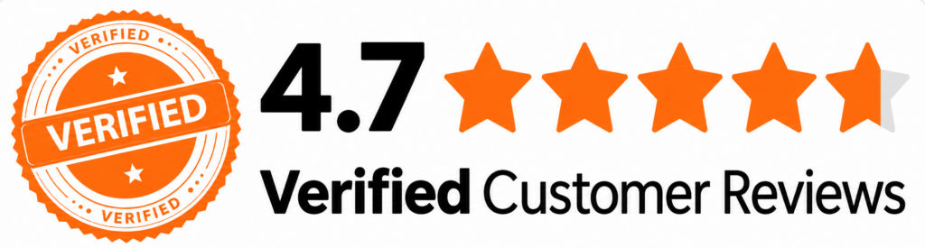 An orange verified badge sits beside a solid 4.7 out of 5 orange star rating, with “Verified Customer Reviews” printed in strong, bold black letters on a clean white background—just like a quality finish after a good drywall patch. - Drywall Repair Jacksonville FL