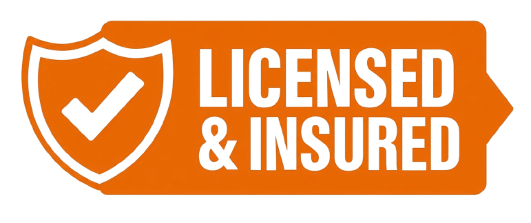 An orange badge featuring a white checkmark inside a shield sits next to the words “Licensed Insured” in bold white letters, showing customers this drywall repair service is fully certified and covered. - Drywall Repair Jacksonville FL